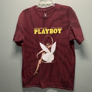 Playboy Mens Graphic T-Shirt Burgundy Acid Wash October 1971 Cover Size Medium